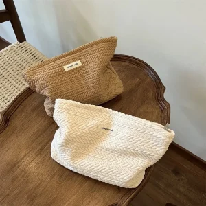 Handwoven Cotton Makeup Bag – Artistic Crochet Cosmetic Pouch with Zipper, Minimalist Clutch for Women